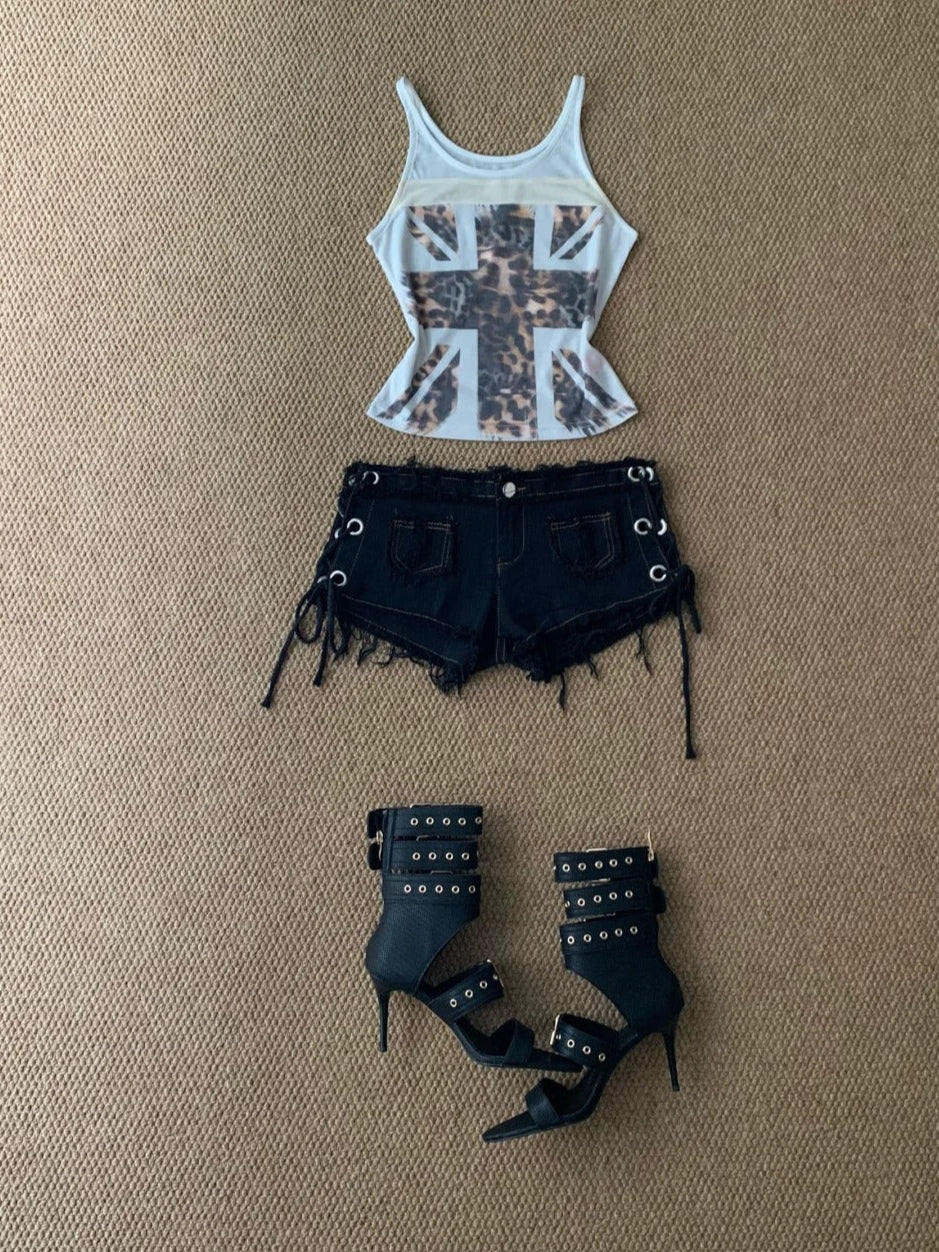 Cross Print Vest and Black Mini Shorts Y2K Two Pieces Sets