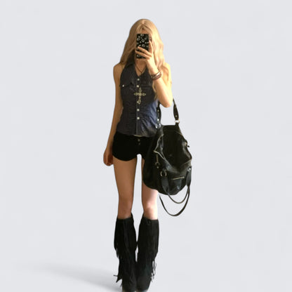 Y2k Blue Plaid Halter Backless Top and Black Shorts Two Pieces Sets
