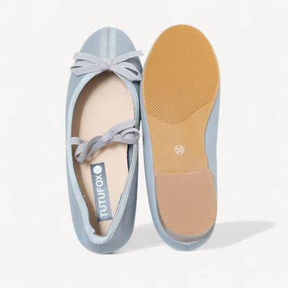 Gray Matte Leather Bow Ballet Flats