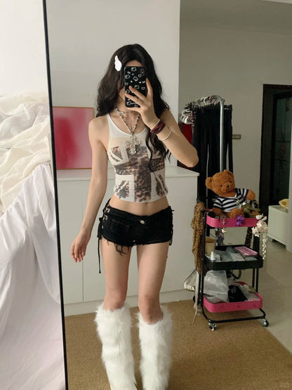 Cross Print Vest and Black Mini Shorts Y2K Two Pieces Sets
