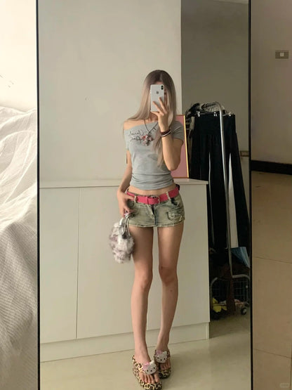 Letter Print Tee and Light Denim Shorts Y2K Two Pieces Sets