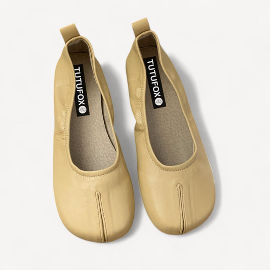 Yellow Soft Leather Faux Split-Toe Flats Tabi