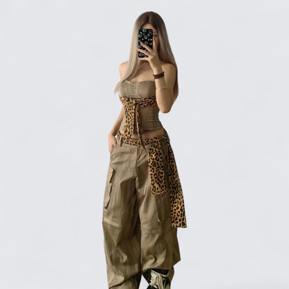 Gray Leopard Corset and Cargo Pants Y2K Two Pieces Sets