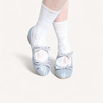 Gray Matte Leather Bow Ballet Flats