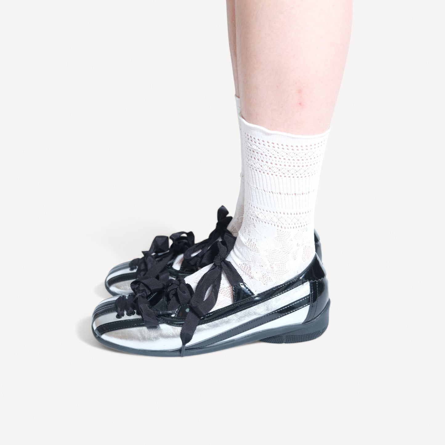 Black Silver Lace Bow Balletcore Sneakers Balletsneaker Flats