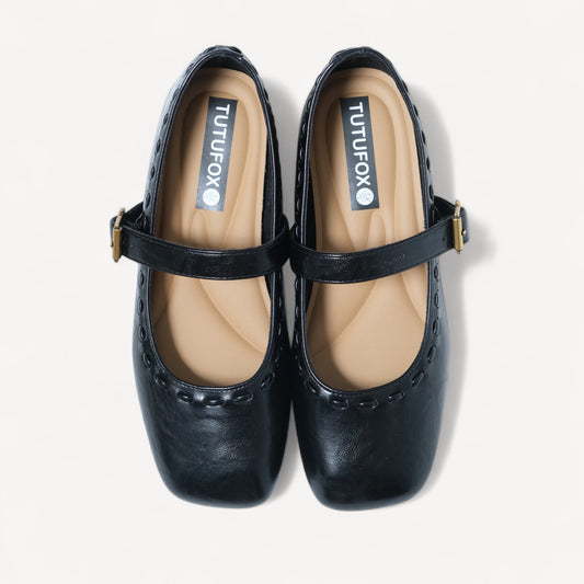 Black Soft Leather Strap Flat Mary Jane Flats