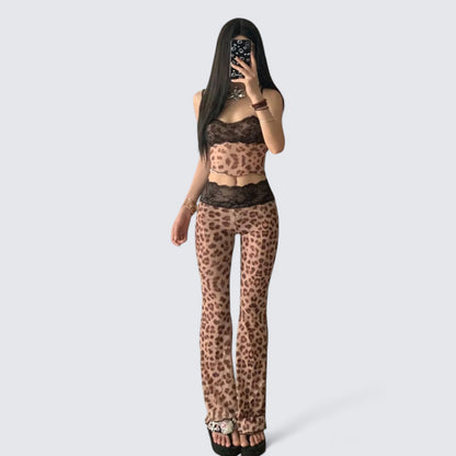 Brown Leopard Cami and Flare Pants Y2K Two Pieces Sets