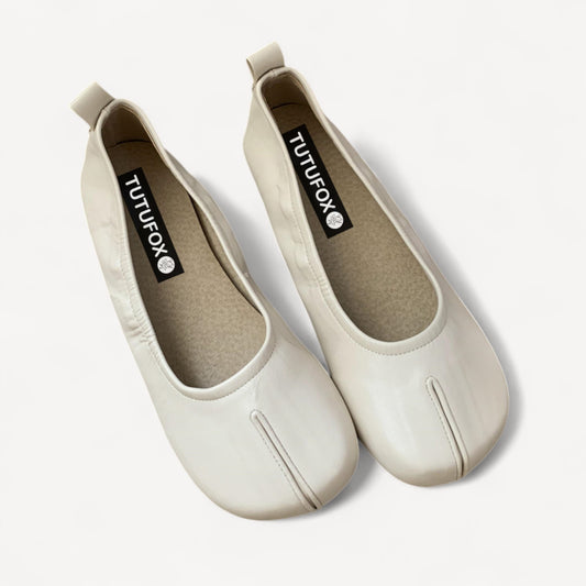 White Soft Leather Faux Split-Toe Flats Tabi