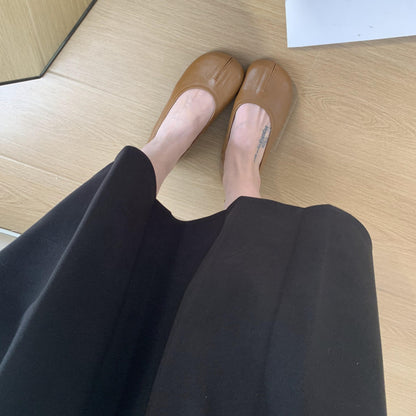 Brown Soft Leather Faux Split-Toe Flats Tabi
