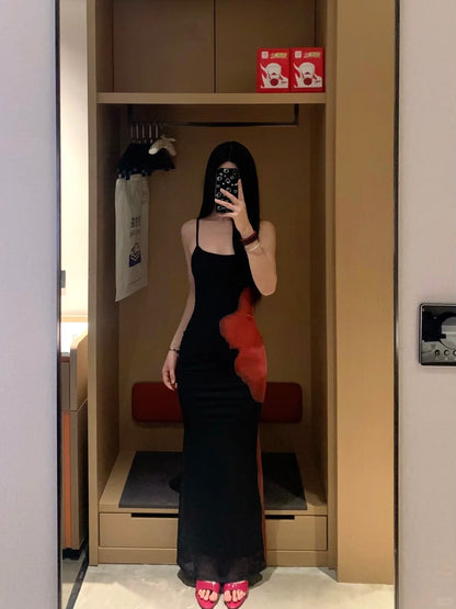 Black Floral Bodycon Dress Y2K Midi Dress