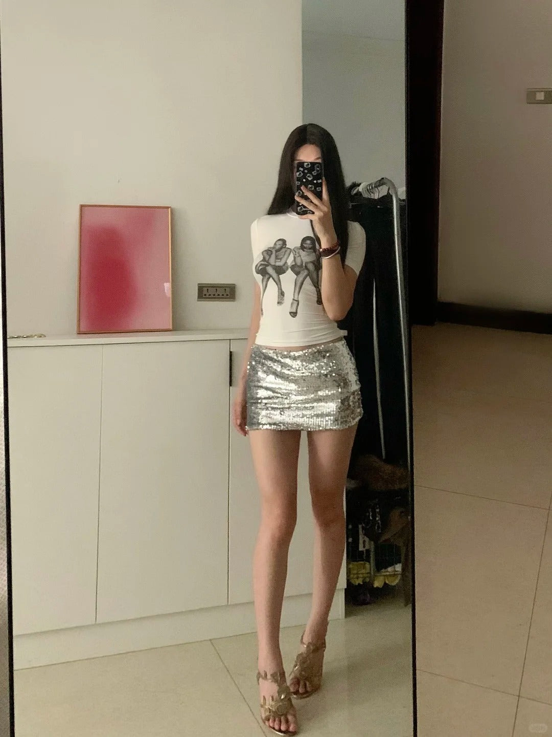 Cropped Portrait Top and Silver Mini Skirt Two Pieces Sets