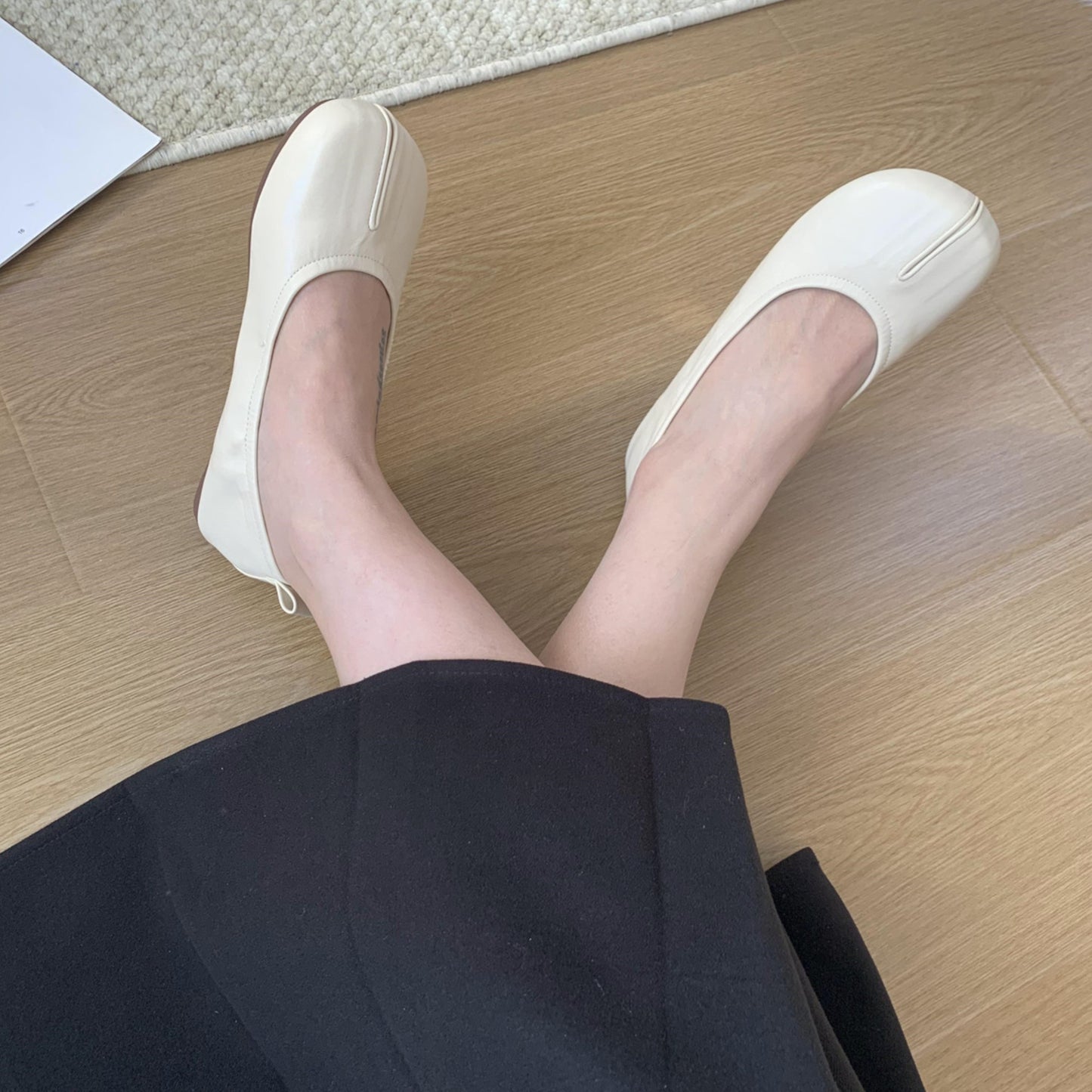 Brown Soft Leather Faux Split-Toe Flats Tabi