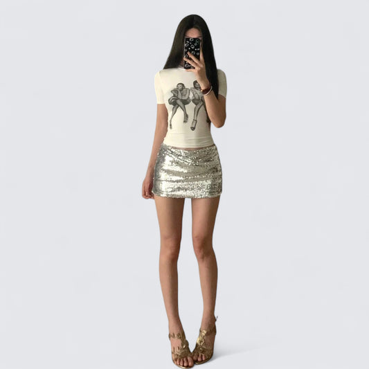 Cropped Portrait Top and Silver Mini Skirt Two Pieces Sets