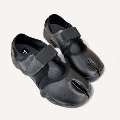 Black Leather Ballet Sneaker Split-Toe Ballerina Flats Tabi