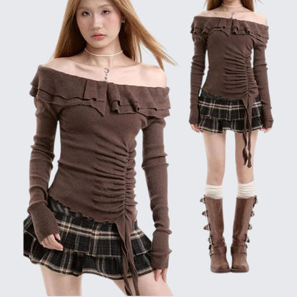 Spring & Autumn Ruffled One-Shoulder Long-Sleeve Sweater