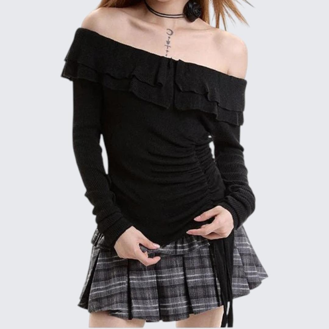 Spring & Autumn Ruffled One-Shoulder Long-Sleeve Sweater