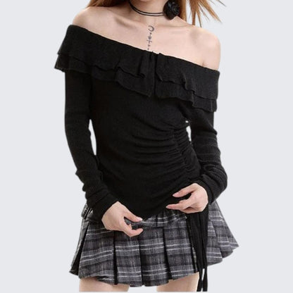 Spring & Autumn Ruffled One-Shoulder Long-Sleeve Sweater