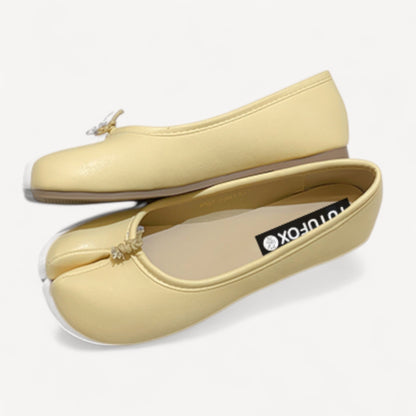 Yellow Soft Leather Round-Toe Split-Toe Flats Tabi