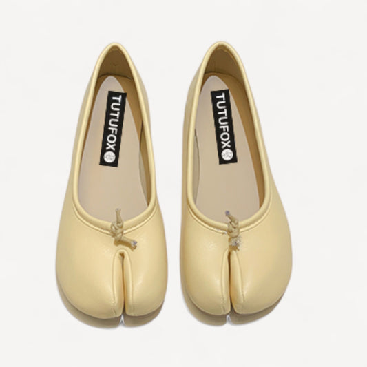 Yellow Soft Leather Round-Toe Split-Toe Flats Tabi