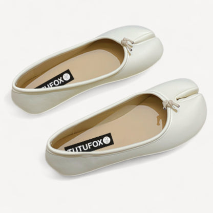White Soft Leather Round-Toe Split-Toe Flats Tabi