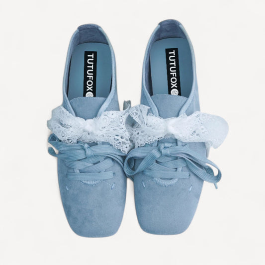 Sky Blue Suede Lace Strap Ballet Flats
