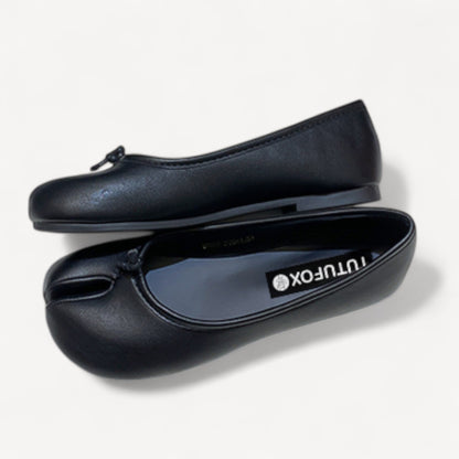 Black Soft Leather Round-Toe Split-Toe Flats Tabi