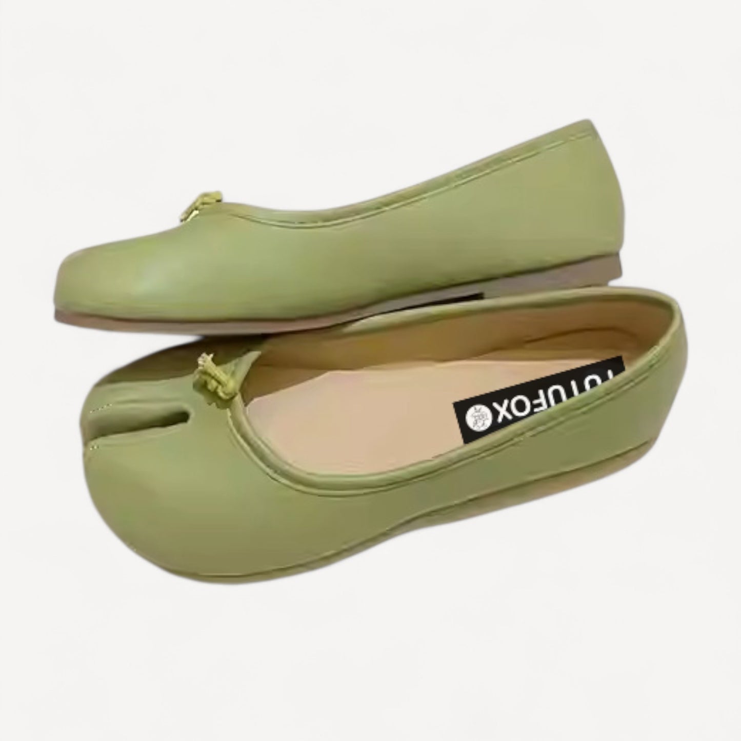 Green Soft Leather Round-Toe Split-Toe Flats Tabi
