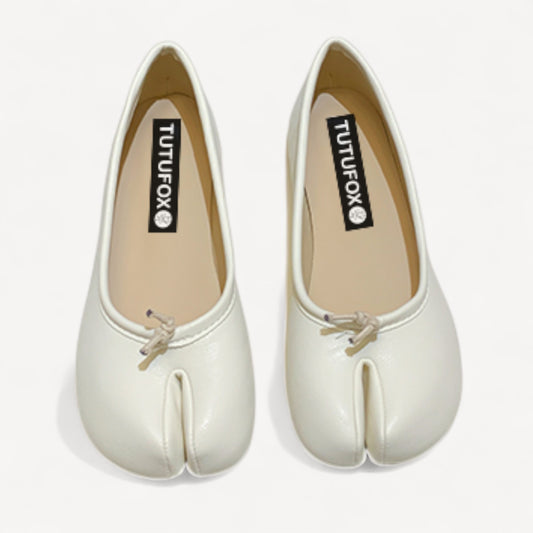 White Soft Leather Round-Toe Split-Toe Flats Tabi