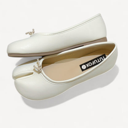 White Soft Leather Round-Toe Split-Toe Flats Tabi
