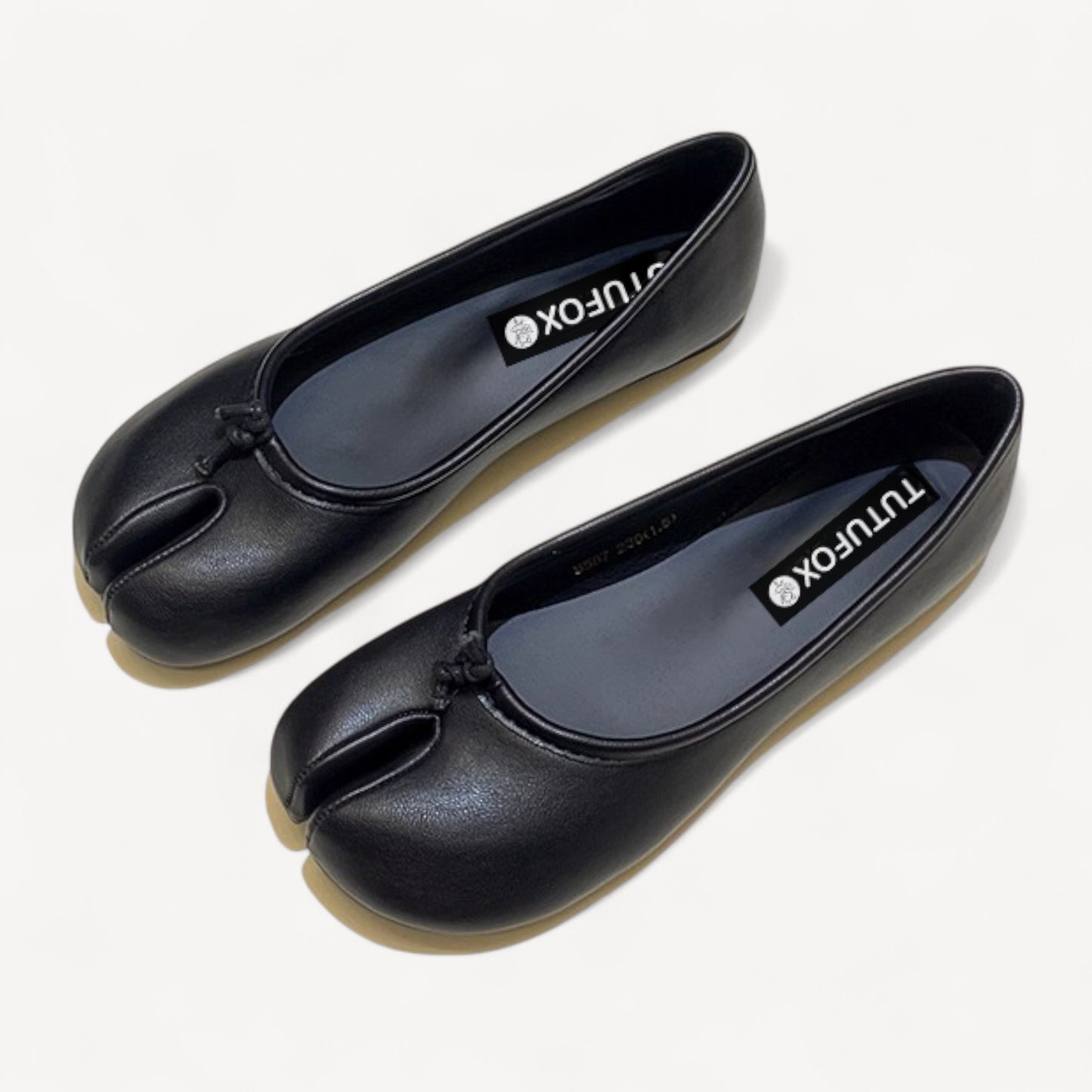 Black Soft Leather Round-Toe Split-Toe Flats Tabi
