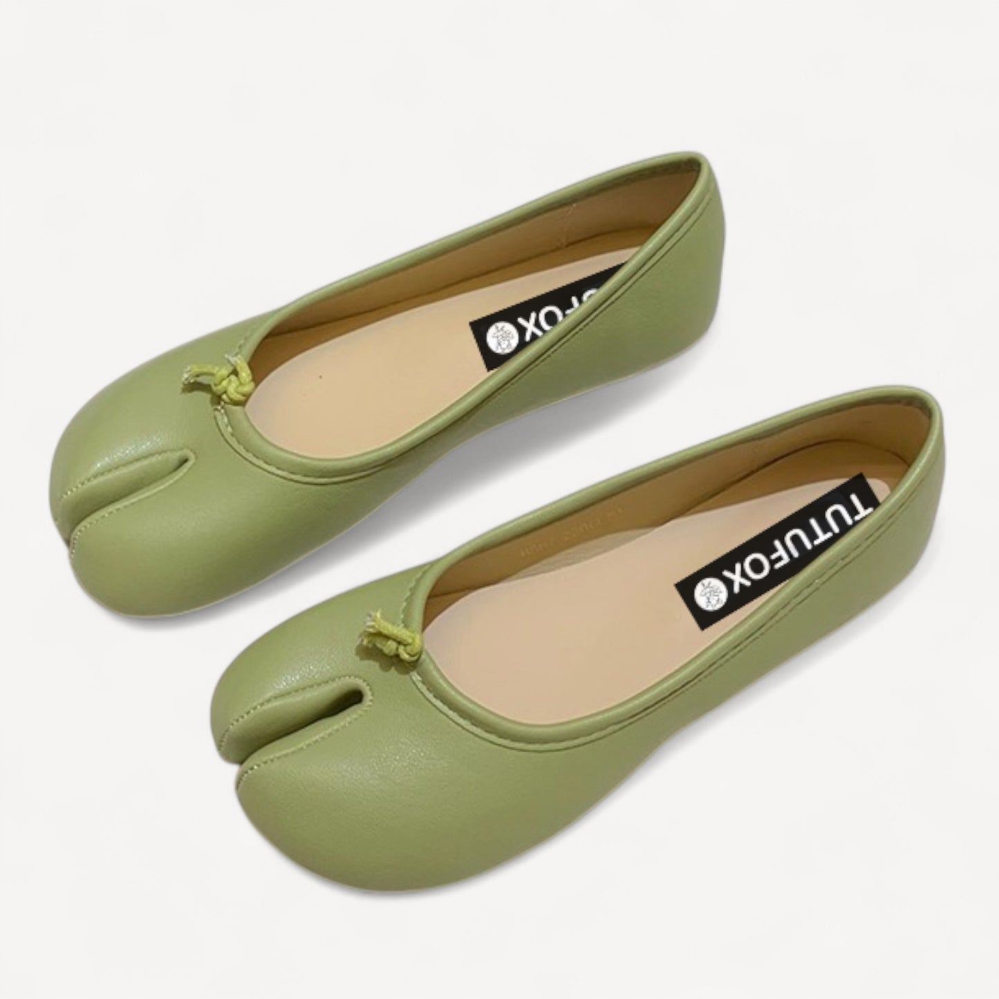Green Soft Leather Round-Toe Split-Toe Flats Tabi