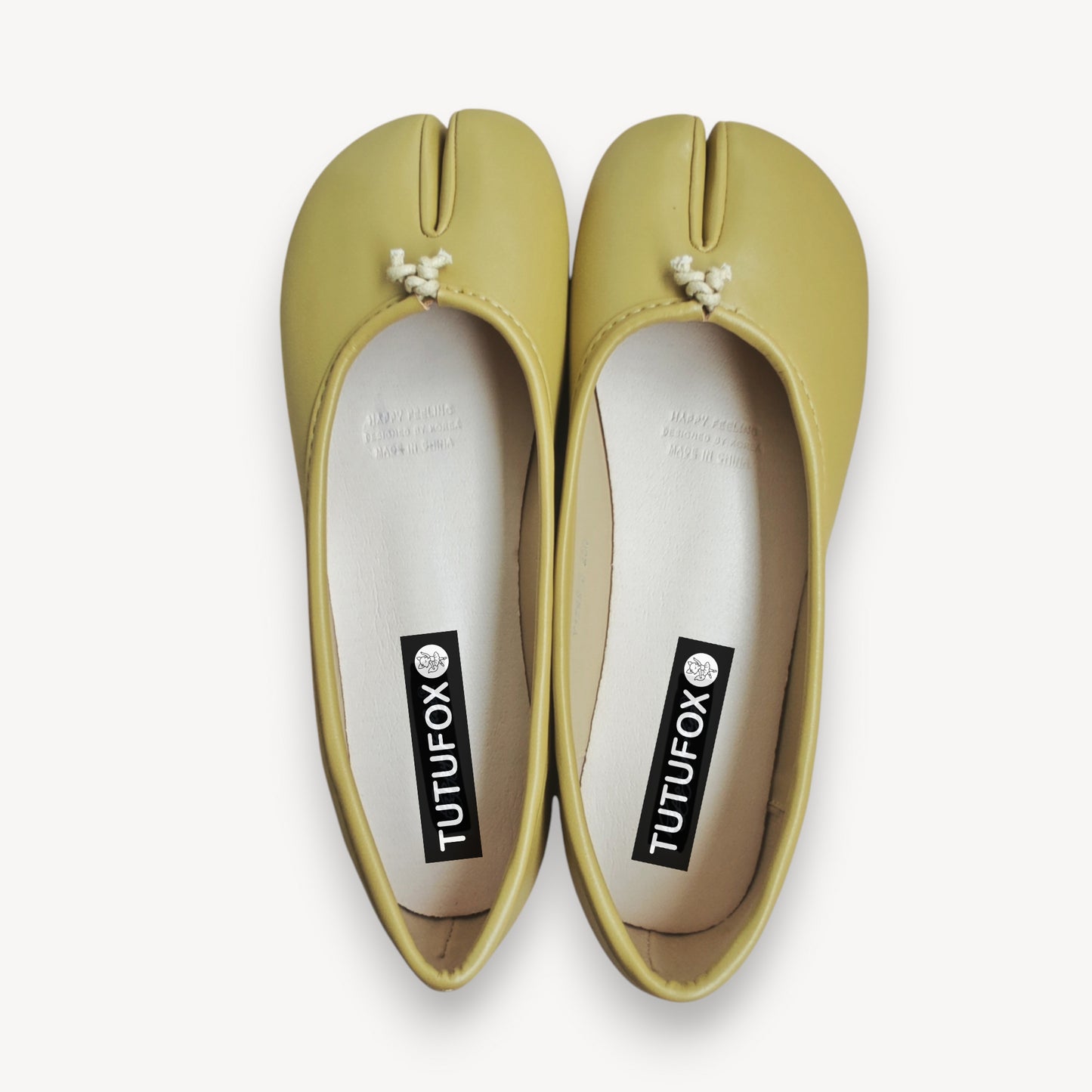 Yellow Soft Leather Round-Toe Split-Toe Flats Tabi
