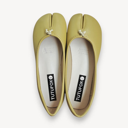 Yellow Soft Leather Round-Toe Split-Toe Flats Tabi