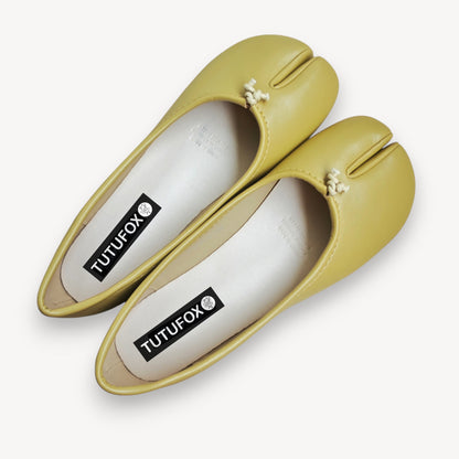 Yellow Soft Leather Round-Toe Split-Toe Flats Tabi