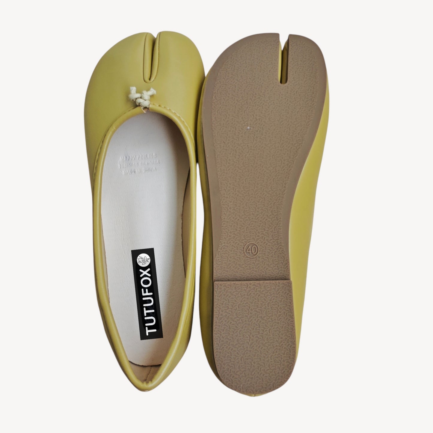Yellow Soft Leather Round-Toe Split-Toe Flats Tabi