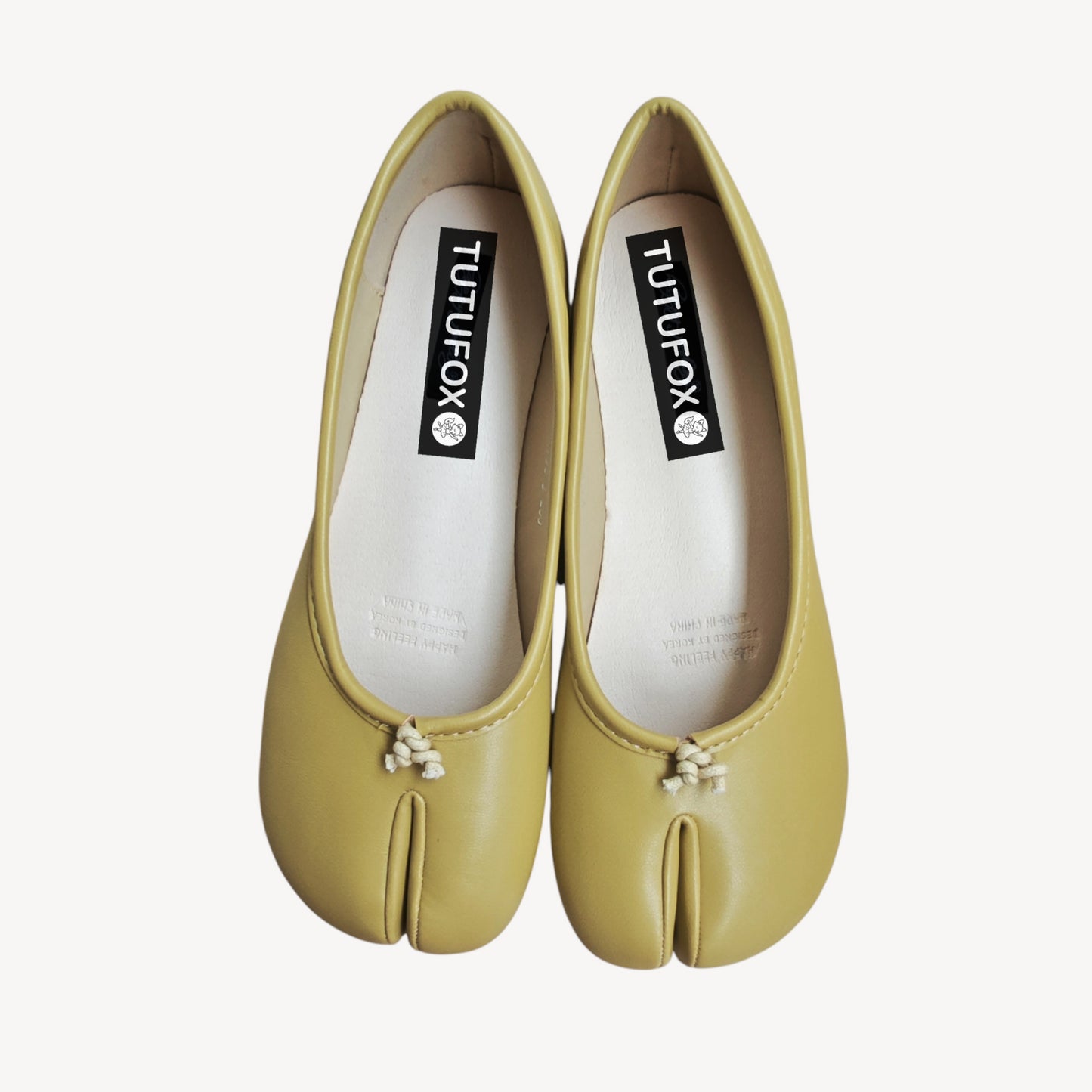 Yellow Soft Leather Round-Toe Split-Toe Flats Tabi
