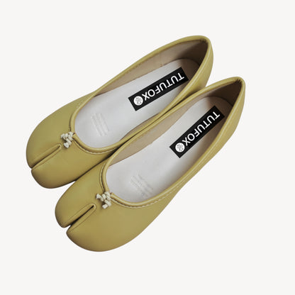 Yellow Soft Leather Round-Toe Split-Toe Flats Tabi