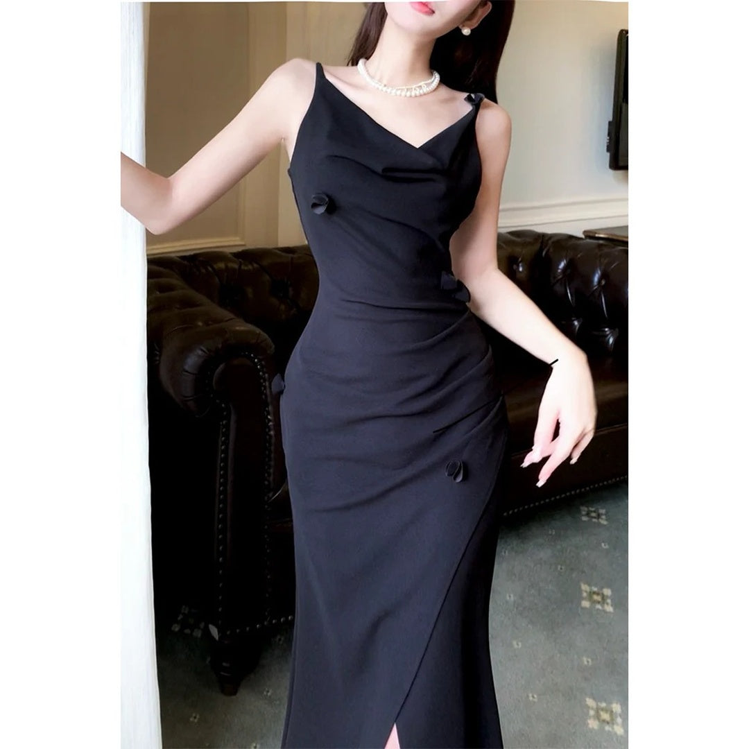 French Black Chic Spaghetti Gown Dress