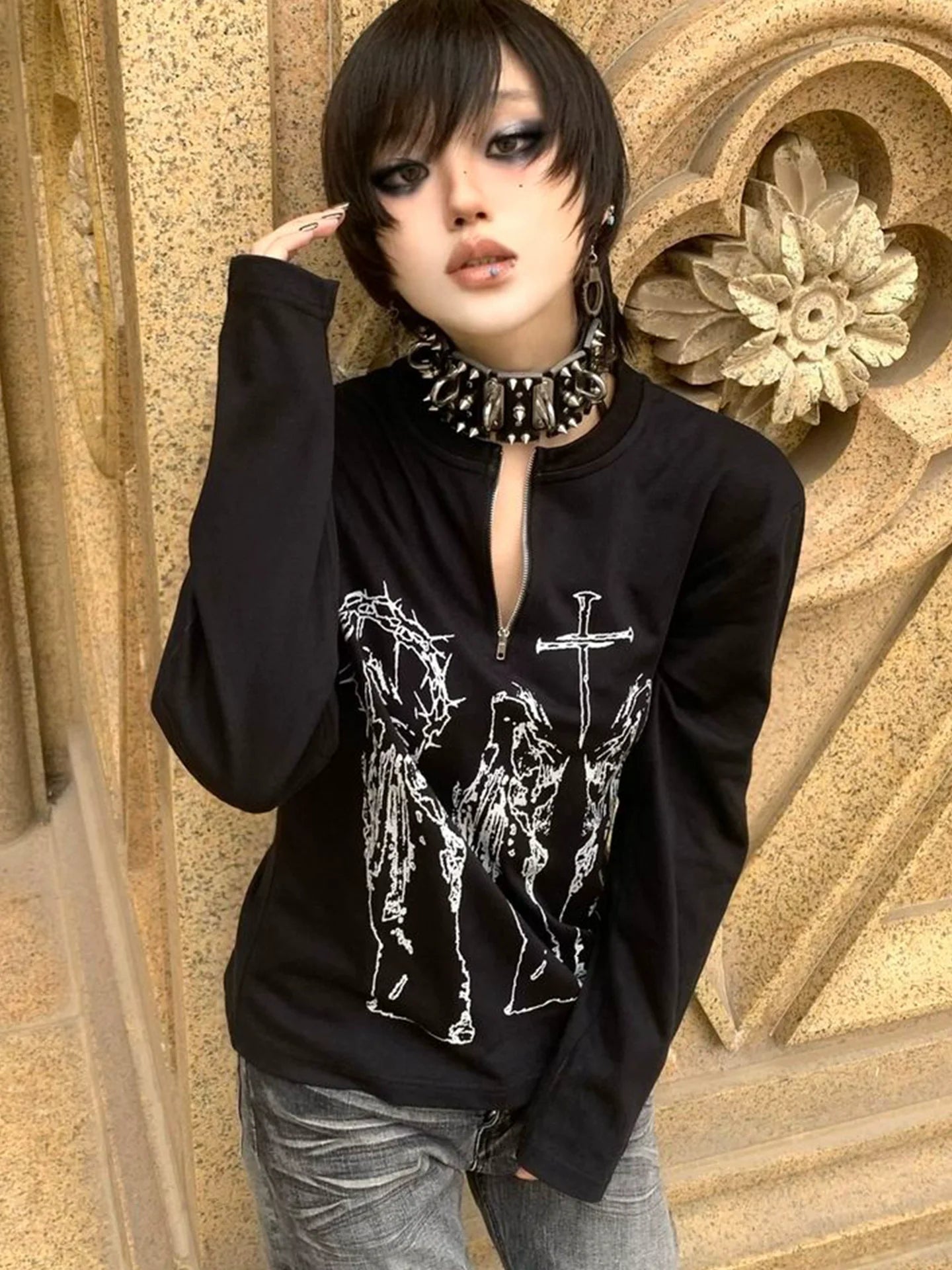 Y2K Black Henley Cross Print Tee