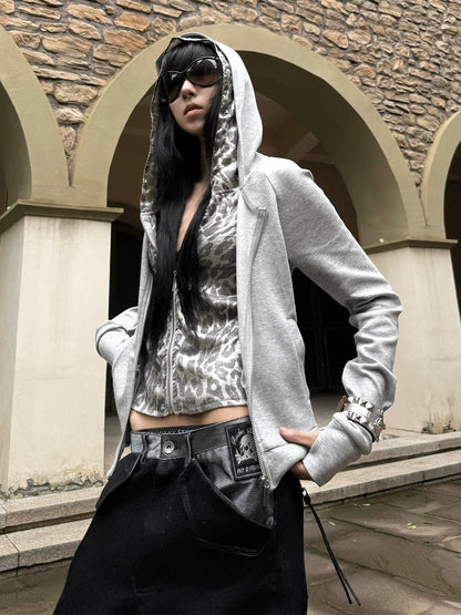 Y2K Patchwork Leopard Hoodie Jacket for Early Autumn