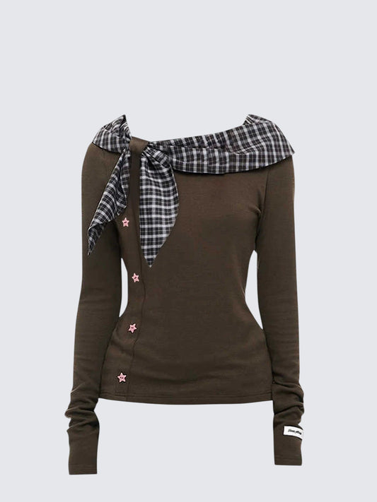 Plaid Bow Boatneck Tee Women