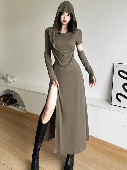 Retro Wasteland Style Hooded Ruched High-Slit Maxi Dress