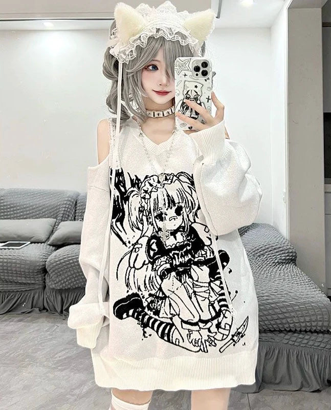 Black Y2K Punk Dark Angel Off-Shoulder V-Neck Sweater