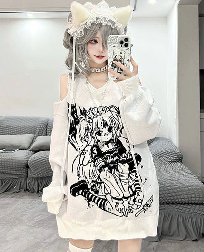 Black Y2K Punk Dark Angel Off-Shoulder V-Neck Sweater