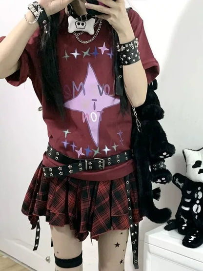 Burgundy Fleur-de-lis Top and Plaid Skirt Y2K Two Pieces Sets