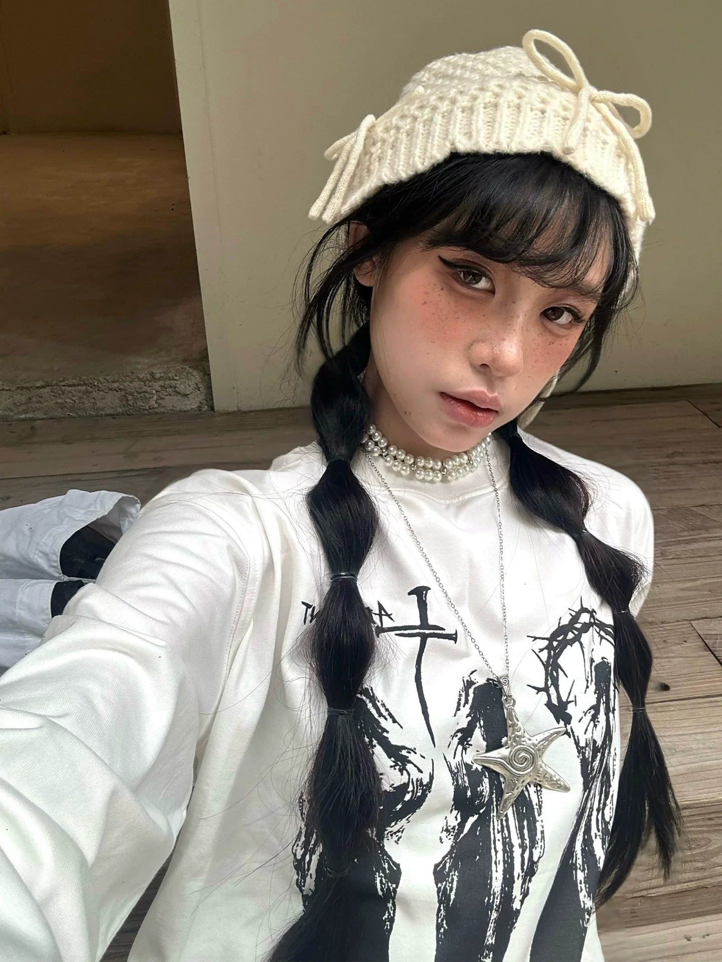 Subculture White Printed Long Sleeve Tee Boxy Cropped Vintage Top
