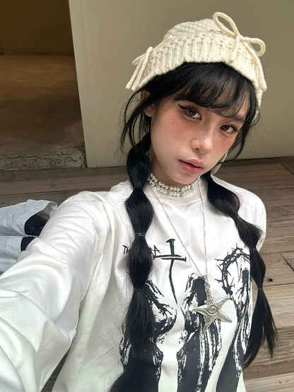 Subculture White Printed Long Sleeve Tee Boxy Cropped Vintage Top
