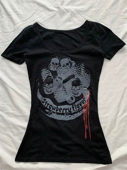 Black Rock Punk American Vintage Print Slim Y2K T-Shirt