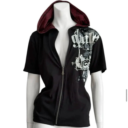 Black Gothic Punk American Vintage Hooded Short-Sleeve Y2K T-Shirt