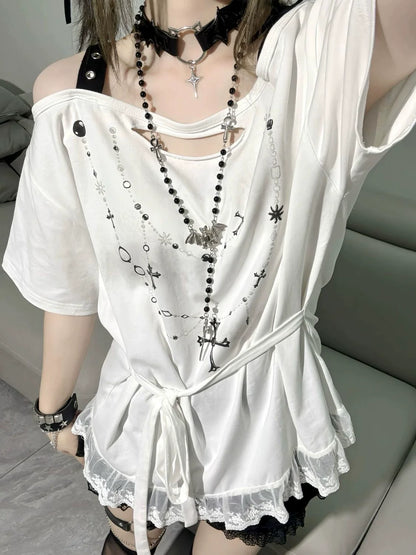 White Ribbon Ripped Y2K T-Shirt